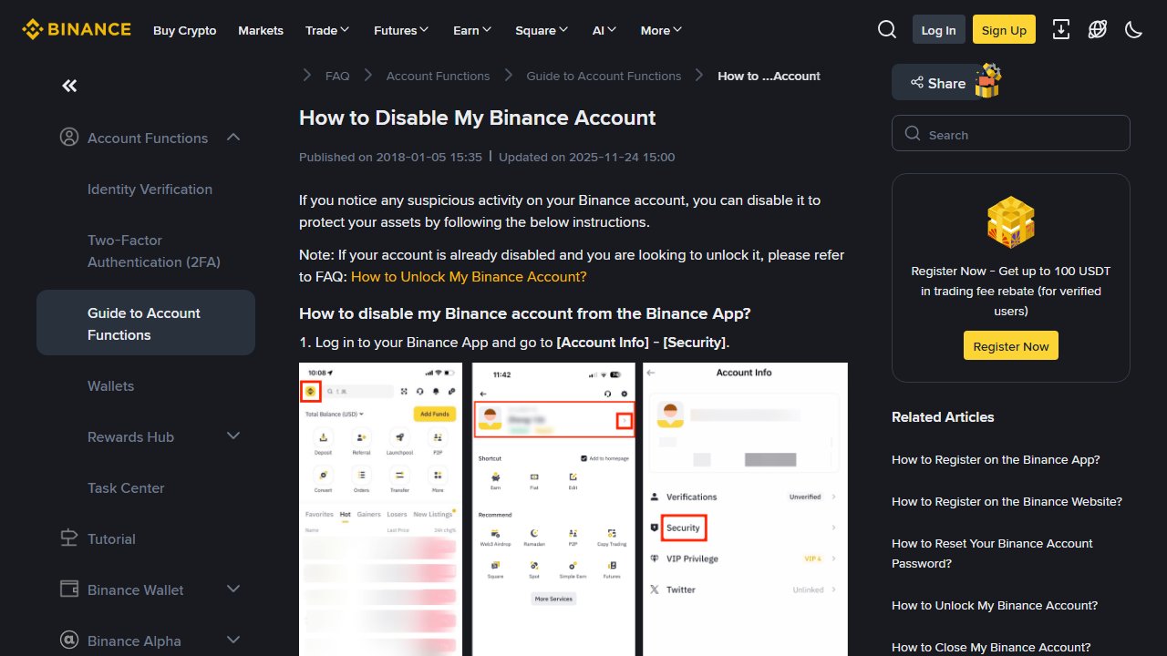 binance.com rəsmi səhifəsinin ekran görüntüsü: How to Disable My Binance Account
